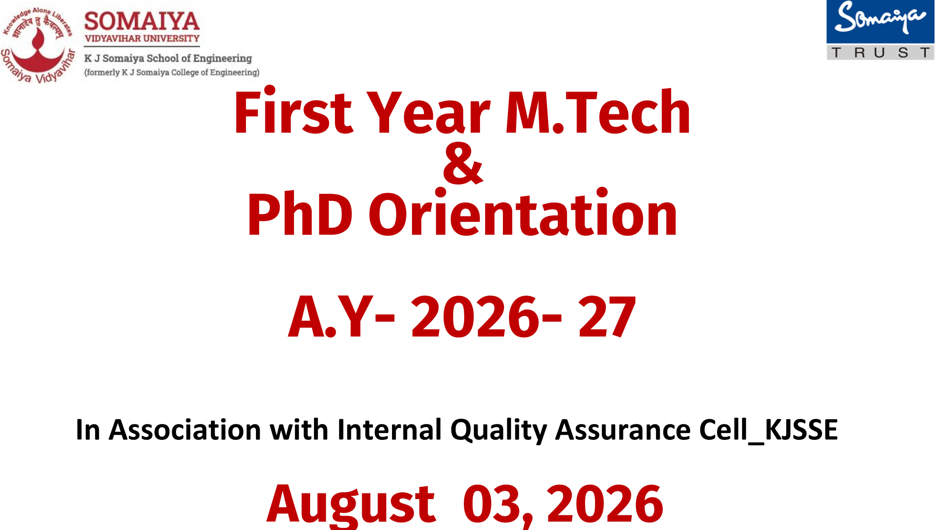 FY M. Tech and PhD Orientation 2026-27 Batch
